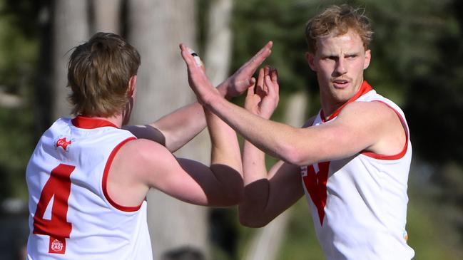 Olinda Ferny Creek sent a statement to the rest of the competition on Saturday. Olinda Ferny Creek captain Lachlan Taylor celebrates a goal with a teammate. Picture: Andrew Batsch
