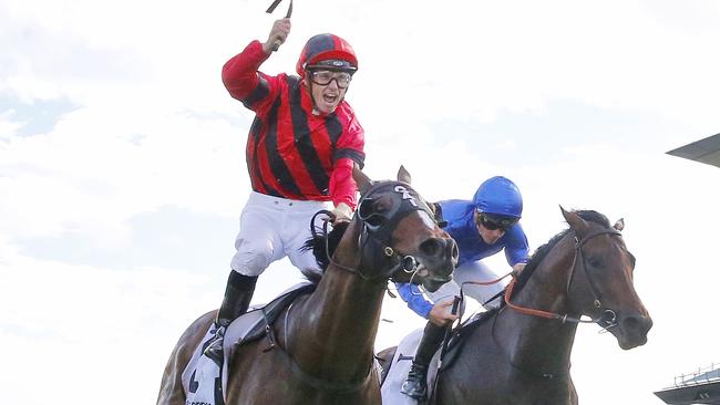 Converge (Tim Clark) beats Anamoe to win the 2022 Group 1 Randwick Guineas. Picture: Mark Evans / Getty Images