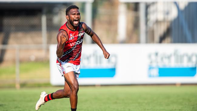 Kim Kantilla was everywhere in the Tiwi Bombers win against Palmerston Magpies in Round 3 of the 2023-24 NTFL season. Picture: Pema Tamang Pakhrin