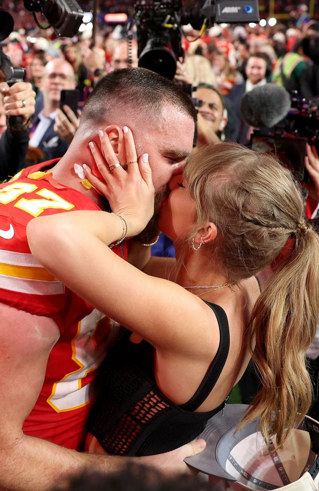 Travis Kelce of the Kansas City Chiefs kisses Taylor Swift after defeating the San Francisco 49ers 2 during Super Bowl LVIII at Allegiant Stadium on February 11. Picture: Ezra Shaw