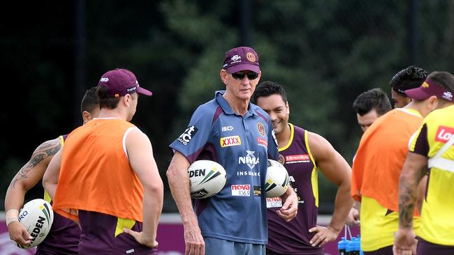 Coach Wayne Bennett talks to his players during the Brisbane Broncos training. Picture: Bradley Kanaris/Getty Images