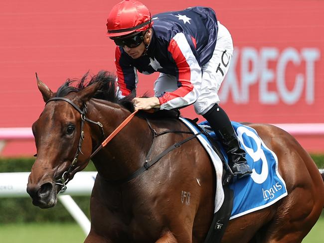 SYDNEY, AUSTRALIA - FEBRUARY 08: Tim Clark riding  Point And Shoot win Race 4 Inglis Classic Yearling Sale 9-11 Feb during "Inglis Millennium Day" - Sydney Racing at Royal Randwick Racecourse on February 08, 2025 in Sydney, Australia. (Photo by Jeremy Ng/Getty Images)