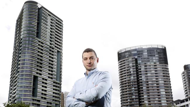 Shady Eskander is the chairman of the body corporate of the Opal Tower at Sydney Olympic Park. Pictured in front of the tower, Shady said he had no idea that the certifiers had done this cosy deal with the Building Profesionals Board to downgrade their punishment. Picture: Jonathan Ng