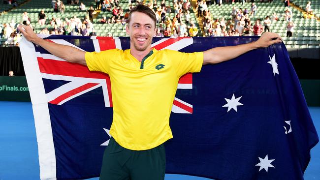 John Millman celebrates after the Davis Cup Qualifier singles match against Thiago Monteiro of Brazil in Adelaide. Picture: Mark Brake/Getty Images