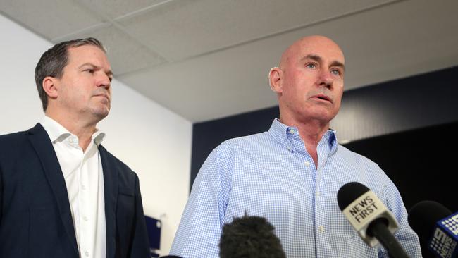 Pivotal Homes Managing Director Michael Irwin and Lawyer Derek Cronin announced the demise of Pivotal at a media briefing. Picture: Richard Gosling