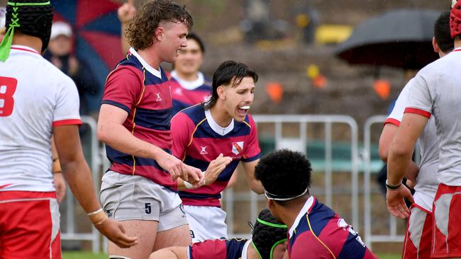 BSHS celebrate a try First XV GPS game between Ipswich and BSHS Saturday August 13, 2022. Picture, John Gass