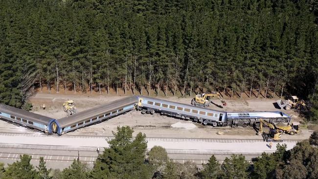 Crews work to remove the derailed train. Picture: Australian Rail Track Corporation.