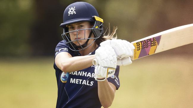 MELBOURNE, AUSTRALIA - JANUARY 05: Ellyse Perry of Victoria bats during the WNCL match between Victoria and New South Wales at CitiPower Centre, on January 05, 2023, in Melbourne, Australia. (Photo by Daniel Pockett/Getty Images)