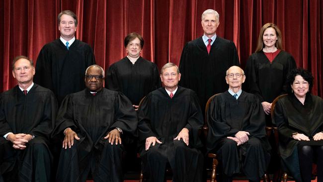 From left to right: Supreme Court Justices Samuel Alito, Brett Kavanaugh, Clarence Thomas, Elena Kagan, John Roberts, Neil Gorsuch, Stephen Breyer, Amy Coney Barrett and Sonia Sotomayor. Picture: AFP