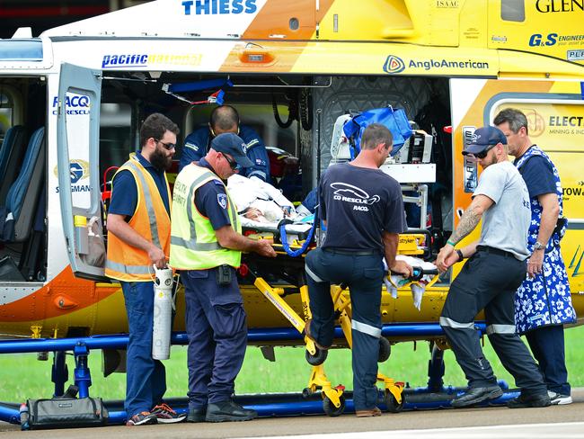 The chopper carrying a 10 month old girl and an elderly woman landed in Townsville after a buggy crash on Hamilton Island. Picture: Wesley Monts