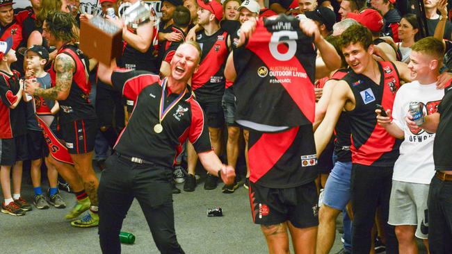 TTG coach Justin Maschotta – pictured celebrating the 2018 premiership – said his connection with the Wolves players made it tough to leave. Picture: AAP/Brenton Edwards