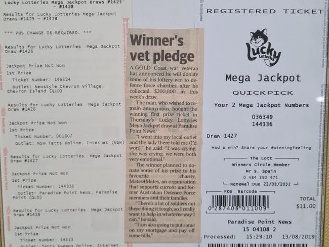 Shaun Spain’s winning lottery ticket with a Gold Coast Bulletin article about how he donated much of the proceeds to charity.