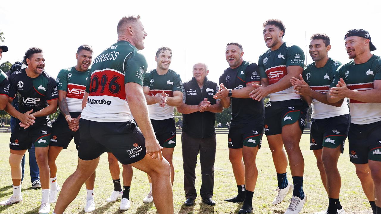 Tom Burgess takes centre stage as George Piggins, flanked by captain Cameron Murray and assistant coach Sam Burgess, watch on. Picture: Picture: Sam Ruttyn