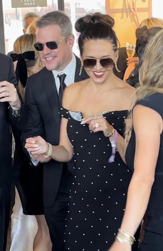 Luciana Damon, pictured alongside Hollywood husband Matt Damon, wore a custom Rebecca Vallance design to Derby Day. Picture: news.com.au/Rebekah Scanlan