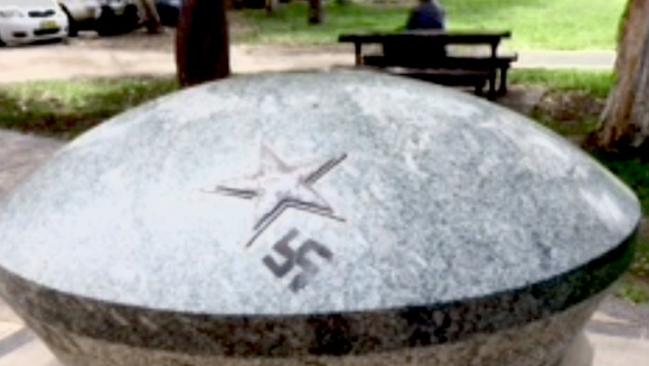 A swastika painted onto the war memorial. Picture: Tamara Sloper-Harding