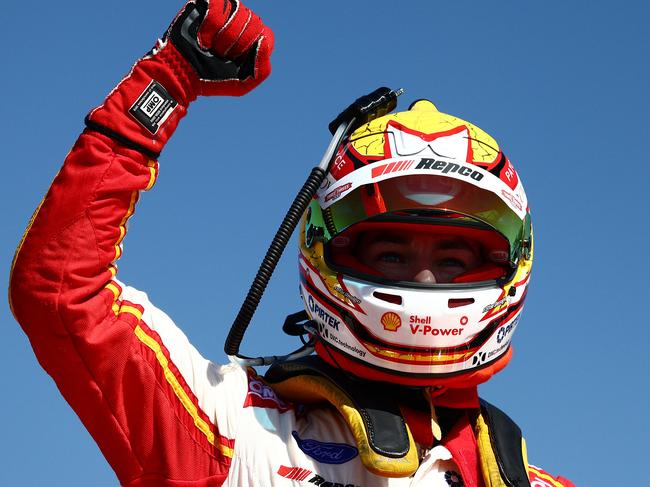 DARWIN, AUSTRALIA - AUGUST 23: (EDITORS NOTE: A polarizing filter was used for this image.) Scott McLaughlin driver of the #17 Shell V-Power Racing Team Ford Mustang celebrates after winning race 18 at the Darwin SuperSprint 2020 Supercars Championship round at Hidden Valley Raceway on August 23, 2020 in Darwin, Australia. (Photo by Daniel Kalisz/Getty Images)