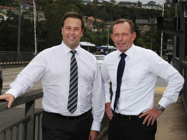 Former PM Tony Abbott with Mackellar MP Jason Falinski calling on the state government to announce its plans for a tunnel bypassing the Spit Bridge. Picture: Virginia Young