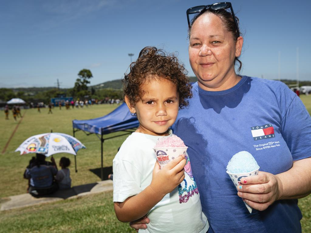 Reyna Hippi (left) and Roxanne Duncan enjoy cool snow cones at the Warriors Reconciliation Carnival at Jack Martin Centre, Saturday, January 25, 2025. Picture: Kevin Farmer