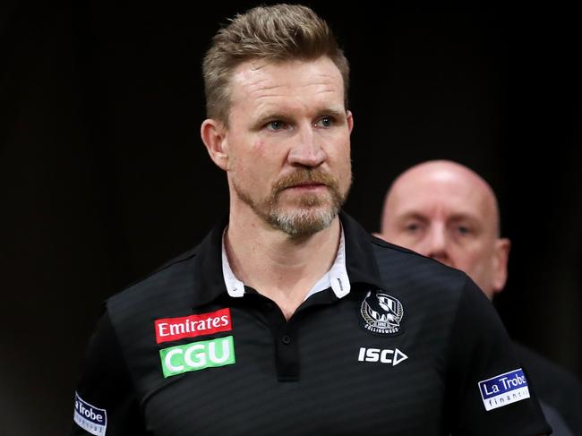 SYDNEY, AUSTRALIA - JULY 10: Nathan Buckley, Senior Coach of the Magpies looks on during the round 6 AFL match between the Collingwood Magpies and the Hawthorn Hawks at GIANTS Stadium on July 10, 2020 in Sydney, Australia. (Photo by Cameron Spencer/AFL Photos/via Getty Images)