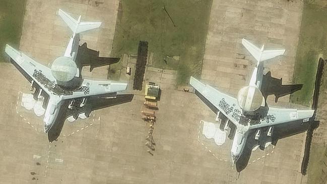 Two undamaged A-50 aircraft, captured in satellite images, before the Ukrainian attacks last month. Picture: Maxar Technologies/AFP