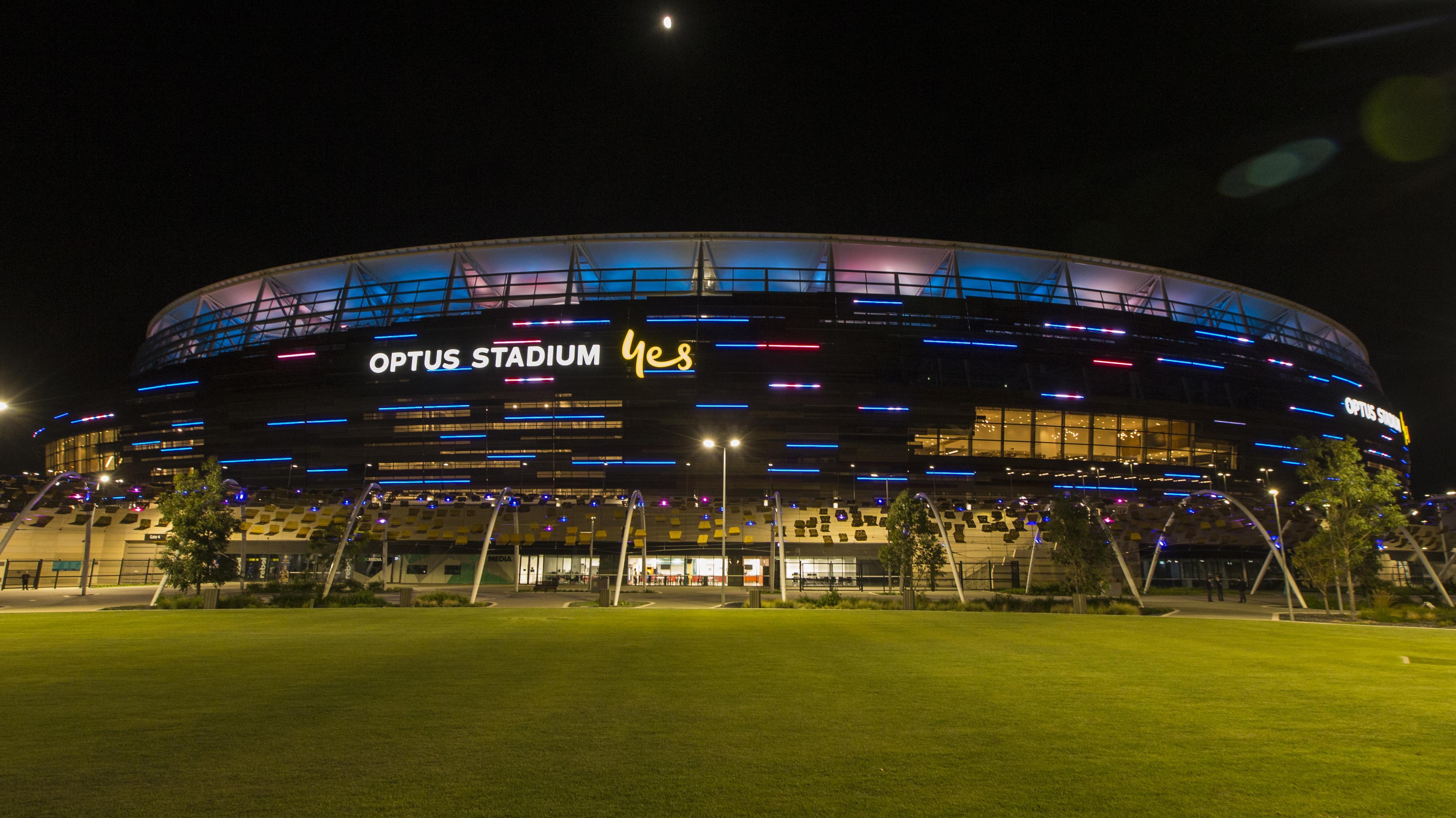 Optus Stadium lit up in special colours in Burswood, Perth. Picture: Ross Swanborough. 160319