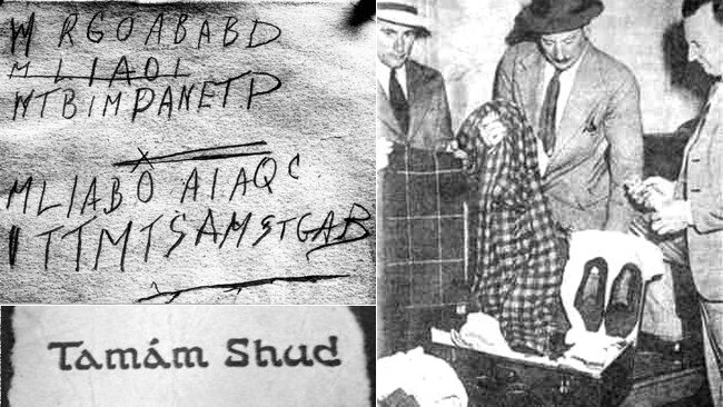 The code found in the book, the Tamam Shud text, and police displaying items in a suitcase connected with the mystery man.