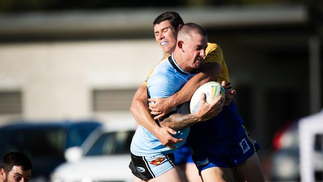 Cody Nelson (defending) was a standout for Mullumbimby in the round four win. Photo: Elise Derwin