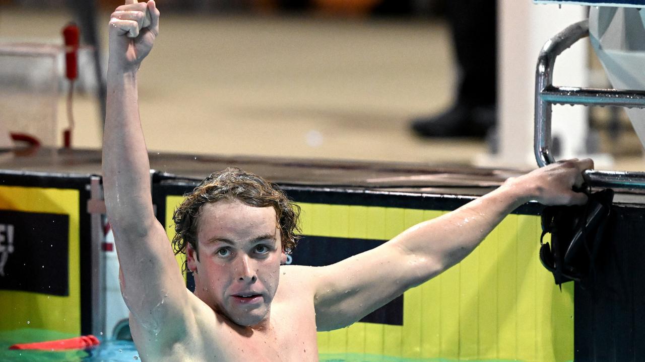 Samuel Short celebrates victory in the Men's 400m freestyle in the fastest time in the world this year. Photo: Getty Images