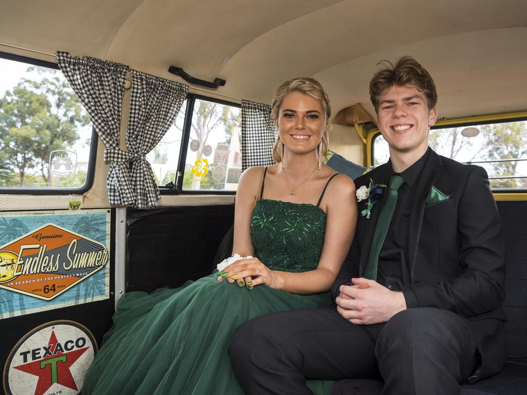 Emma Linde and partner Jy Amps inside their Kombi before arriving at Wilsonton State High School formal at USQ, Wednesday, November 18, 2020. Picture: Kevin Farmer