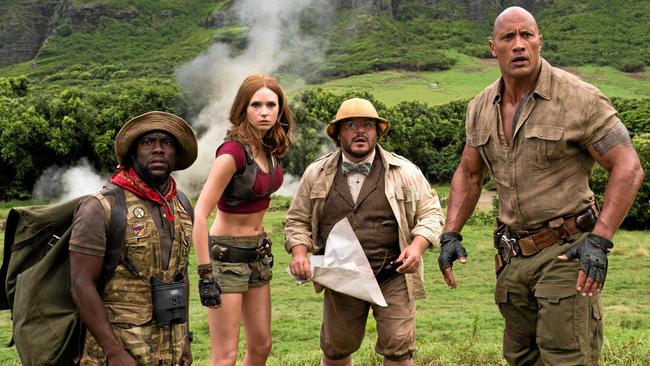 Kevin Hart, Karen Gillan, Jack Black and Dwayne Johnson in Jumanji: Welcome to the Jungle. Picture: Sony Pictures.