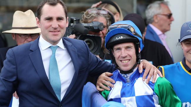 BALLARAT, AUSTRALIA - NOVEMBER 23: Trainer Archie Alexander with jockey John Allen after riding Kiwia to win Race 8, Sportsbet Ballarat Cup during Melbourne Racing at Ballarat Turf Club on November 23, 2019 in Ballarat, Australia. (Photo by George Salpigtidis/Getty Images)