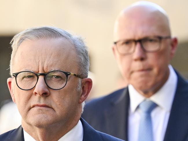 CANBERRA, AUSTRALIA  - NewsWire Photos - February 3, 2025:  Prime Minister Anthony Albanese and Leader of the Opposition Peter Dutton during the last post ceremony at the Australian War Memorial in Canberra. Picture: NewsWire / Martin Ollman