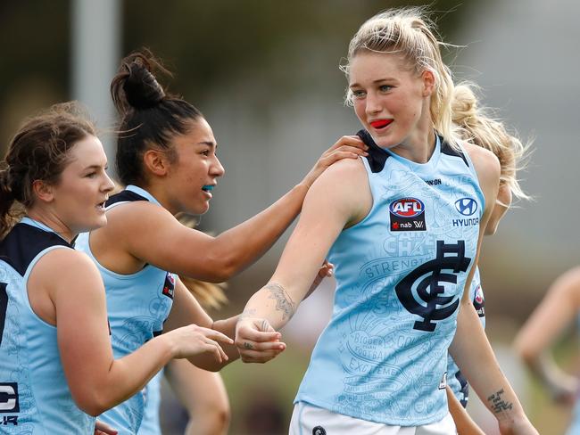 BALLARAT, AUSTRALIA - JANUARY 20: Tayla Harris of the Blues celebrates her first goal as a Blue during the 2018 AFLW Practice match between the Western Bulldogs and the Carlton Blues at Mars Stadium, Ballarat on January 20, 2018 in Ballarat, Australia. (Photo by Adam Trafford/AFL Media/Getty Images)