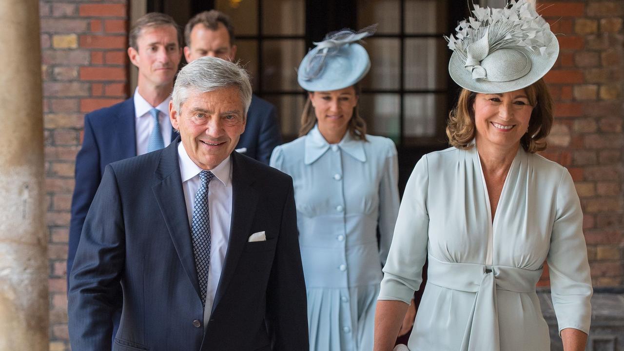 Carole Middleton is photographed here with her husband Michael as they arrive for the christening of Prince Louis of Cambridge in 2018. Picture: AFP/Dominic Lipinski.