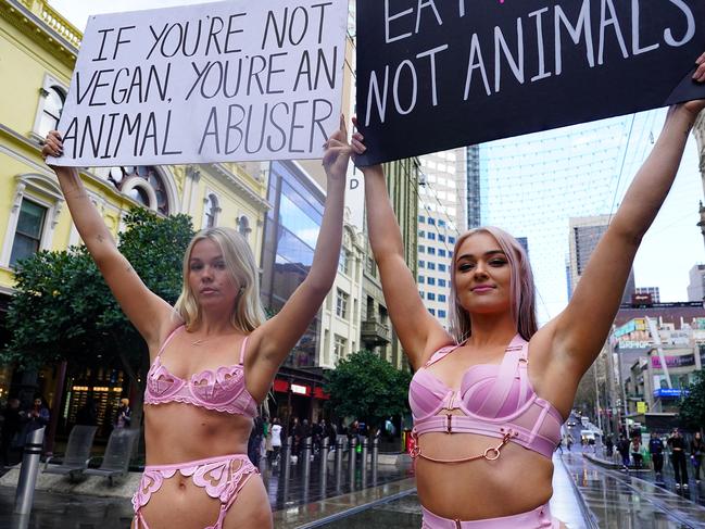 MELBOURNE AUSTRALIA - NewsWire Photos JUNE 14, 2023:  Members of Vegan action Melbourne protest while wearing lingerie in Melbourne .Picture: NCA NewsWire / Luis Enrique Ascui