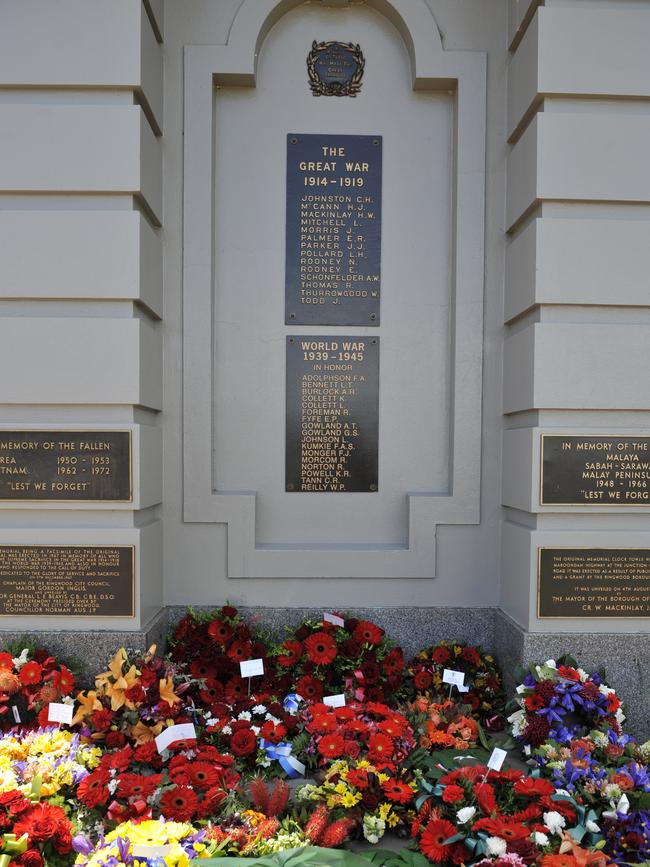 Flowers left during a Remembrance Day service at the Ringwood Clocktower Park. 