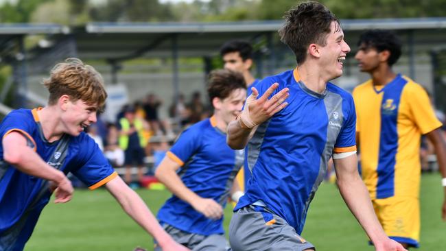 Xavier Veivers-Brown celebrates a goal in round four of the season. GPS First XI football action between Churchie and Toowoomba Grammar on Saturday, May 11, 2024.