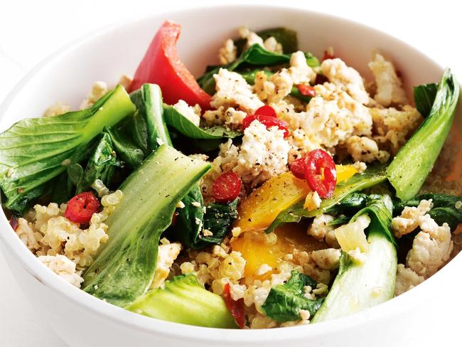 Chilli chicken, quinoa, baby pepper and snow pea stir-fry.