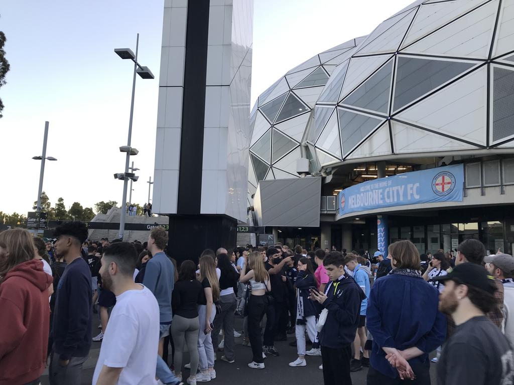 The peaceful side of the protest as fans left AAMI Park. Picture: Josie Hayden