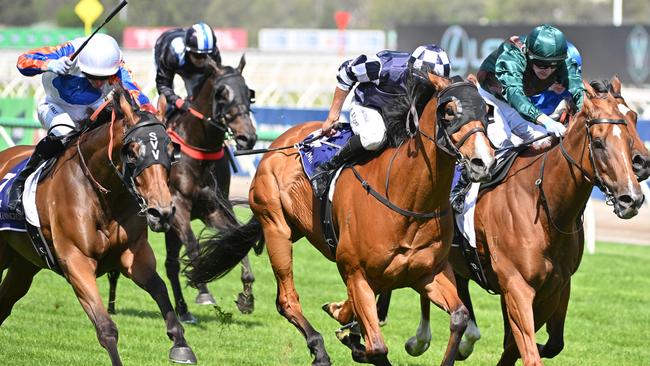 Aztec Ruler (left), finishing second in the Standish Handicap, will be ridden by top WA jockey William Pike at Flemington on Saturday. Picture: Vince Caligiuri/Getty Images