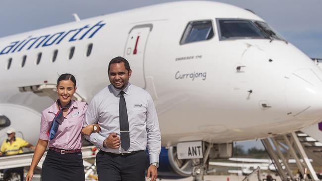 Flight attendants Sarah Parker and Kenneth Torres there careers will commence on the first flight of the Northwest out of Wellcamp Brisbane West Aiport (25km west; of Toowoomba). The Northwest Airline from Darwin destined for Melbourne on Monday. 11th March 2016 pic David Martinelli