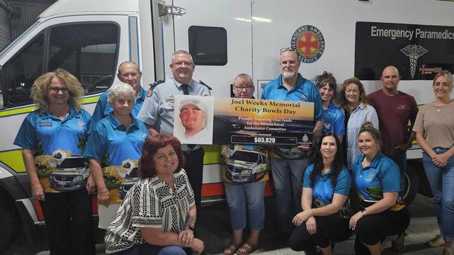 The $65,000 cheque from The Joel Weeks Memorial Charity Bowls Day being presented at the Biloela Local Ambulance Committee annual general meeting last Wednesday. Picture: Contributed