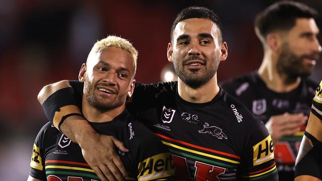 SYDNEY, AUSTRALIA - OCTOBER 02: Apisai Koroisau of the Panthers and Tyrone May of the Panthers celebrate after winning the NRL Qualifying Final match between the Penrith Panthers and the Sydney Roosters at Panthers Stadium on October 02, 2020 in Sydney, Australia. (Photo by Cameron Spencer/Getty Images)