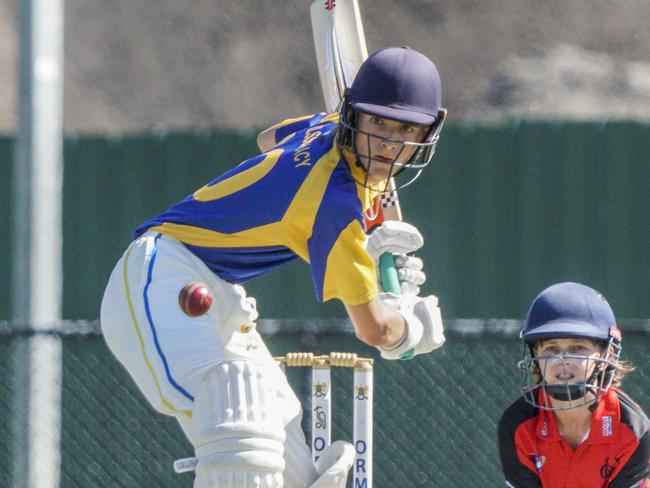 J.G Craig Shield cricket: Ormond v Moorabbin. Axel Karlsson-Lacy batting for Ormond and   Moorabbin keeper Darcy Murray. Picture: Valeriu Campan