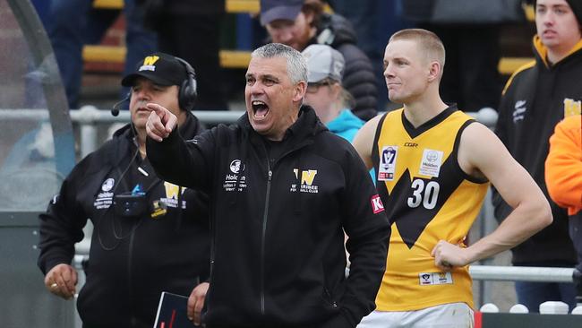 Mark Williams screams from the bench late while coaching Werribee in the VFL. Picture: Michael Klein.