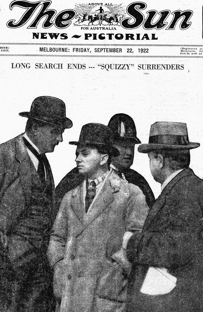 A front page report in The Sun from 1922 reports on Squizzy Taylor handing himself to police. The paper dubbed him the Beau Brummell of the Underworld. File picture