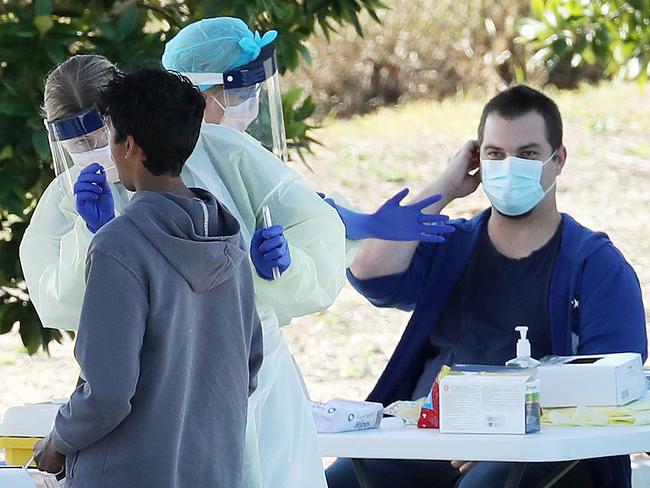 Limited numbers at the SARS-CoV-2 testing clinic at Mater Private Hospital Springfield. Photographer: Liam Kidston