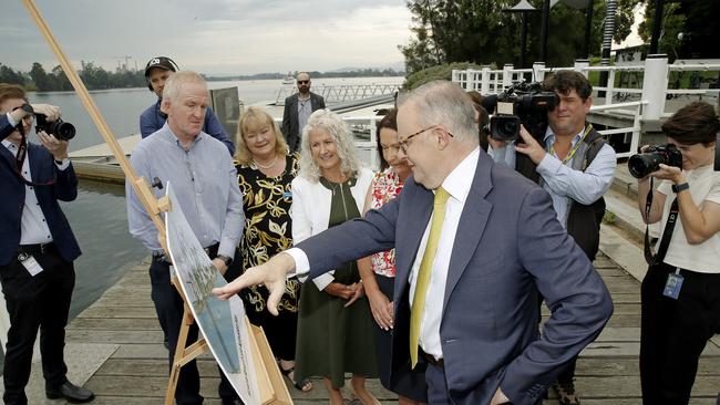 Prime minister Anthony Albanese looks at plans for the Nowra Riverfront activation. Picture: John Appleyard