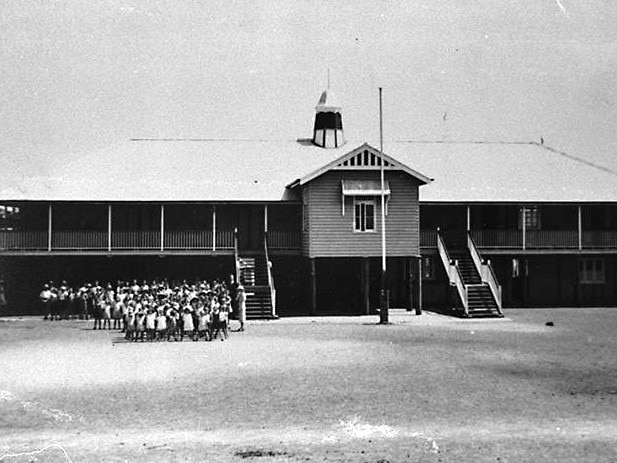 Students assemble outside the Coolangatta State School on Kirra Hill.