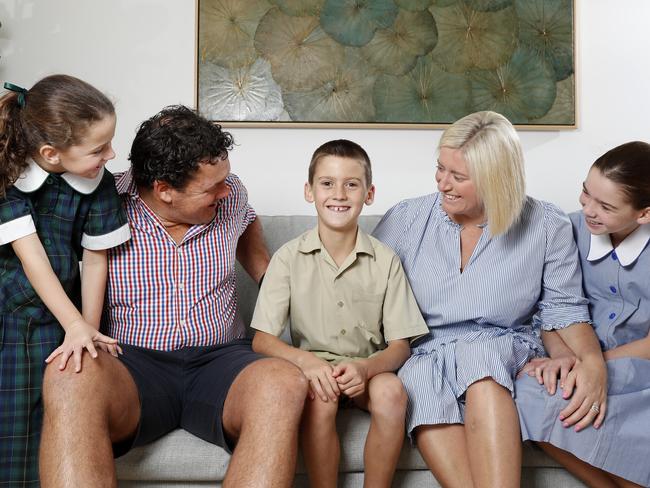 Emily and Sam Manion from Roseville send their three children to Catholic Schools. Iris, 5, and Hugo, 9, both go to Holy Family in Lindfield while their eldest daughter Fleur, 11, (right) goes to Loreto Normanhurst. Picture: Jonathan Ng